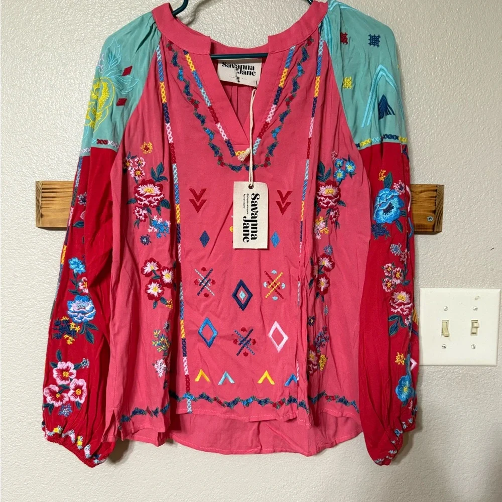 Savanna Jane Coral, Aqua, and Red Embroidered Blouse - Picture 1 of 3